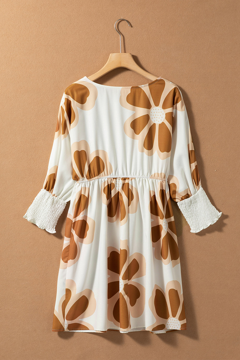 Brown Big Flower Print 3/4 Sleeve Short Dress Floral Dresses JT's Designer Fashion