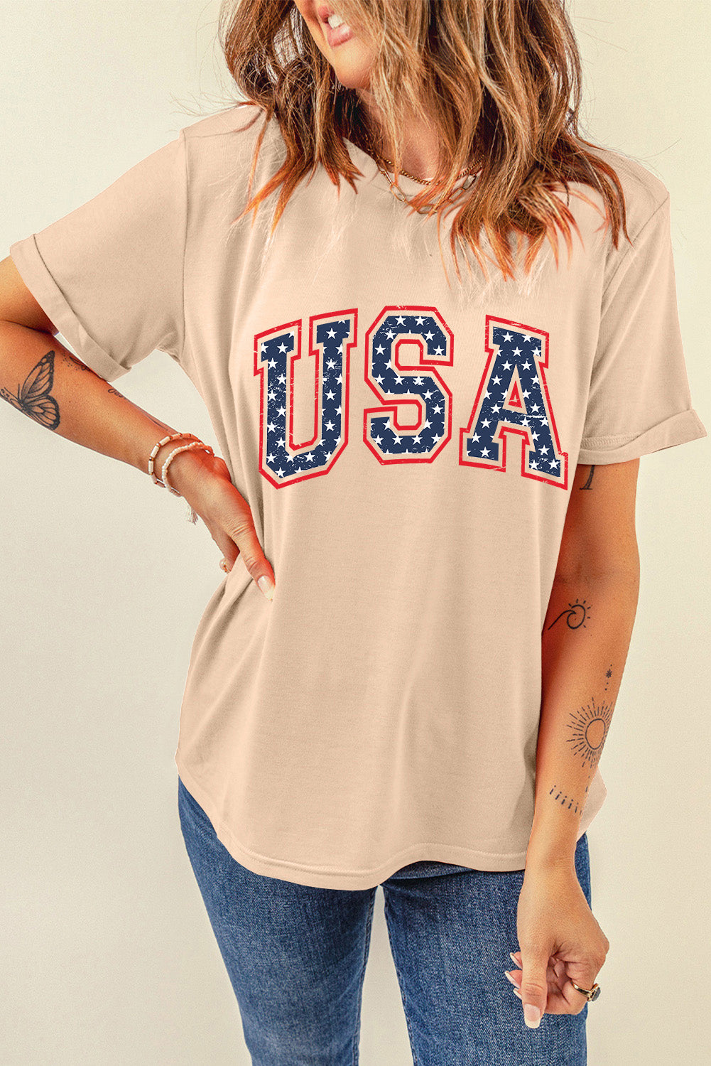 Khaki Starry USA Lettering Independent Day T-shirt Graphic Tees JT's Designer Fashion