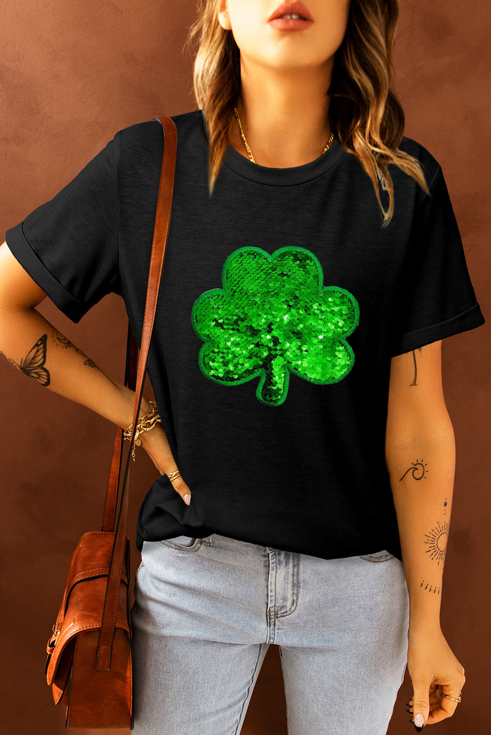 Black Sequin Clover Embroidered Round Neck Graphic Tee Graphic Tees JT's Designer Fashion