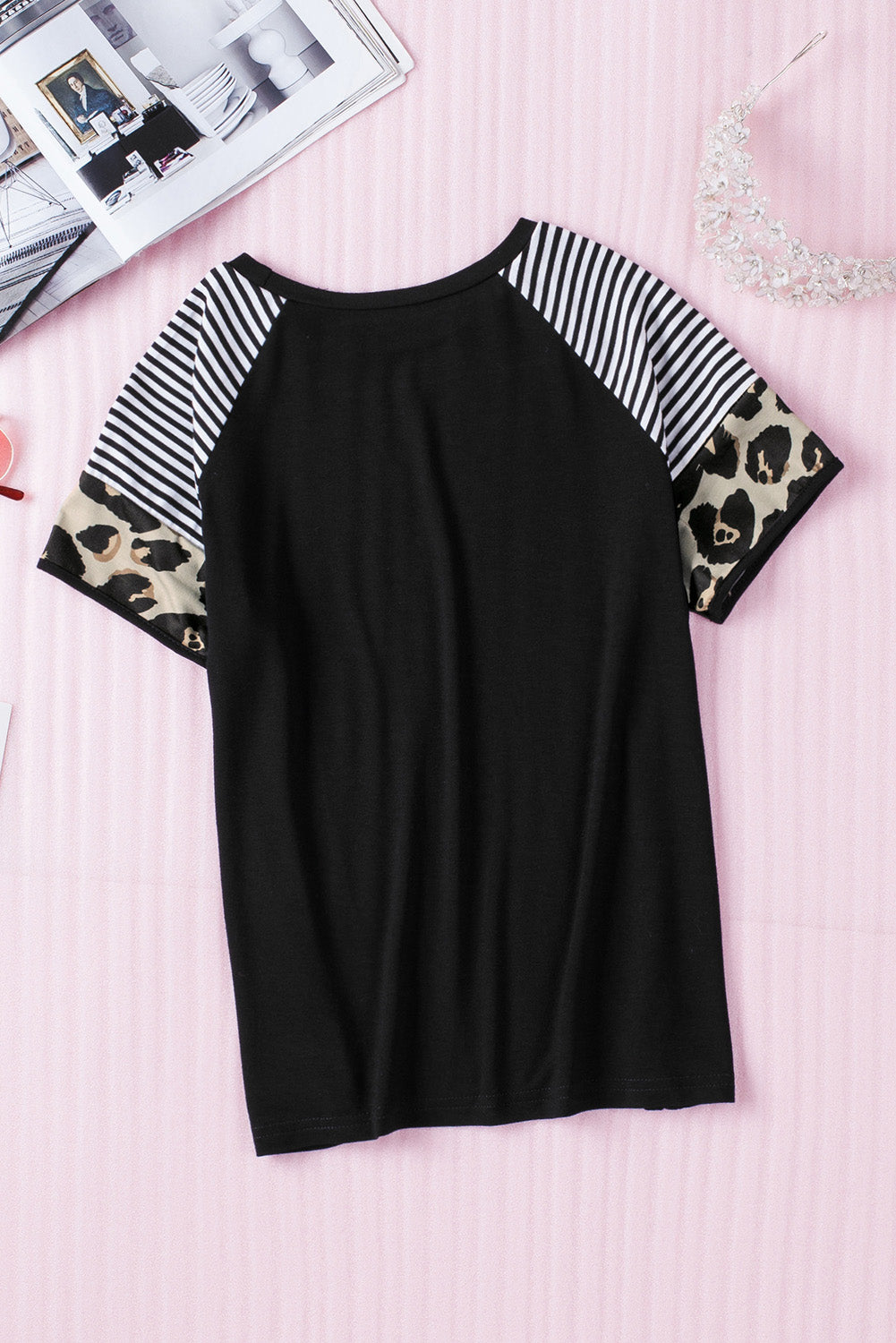 Black Girls’ T-shirt with Striped Leopard Sleeve Family T-shirts JT's Designer Fashion