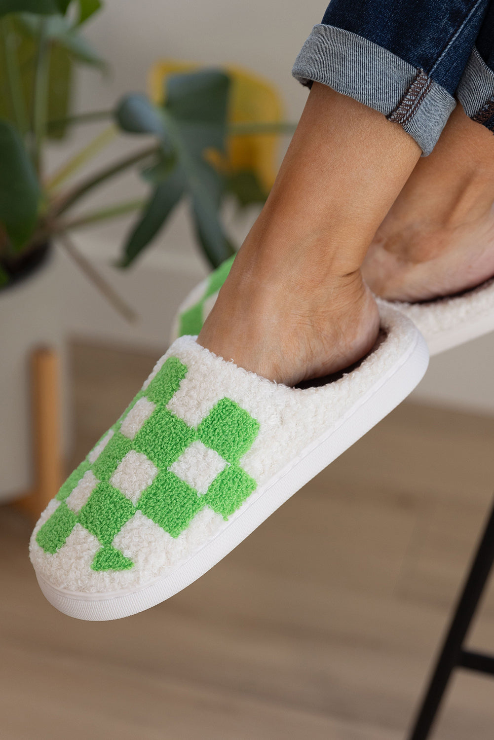 Grass Green Checkered Print Fuzzy Slip On Winter Slippers Slippers JT's Designer Fashion