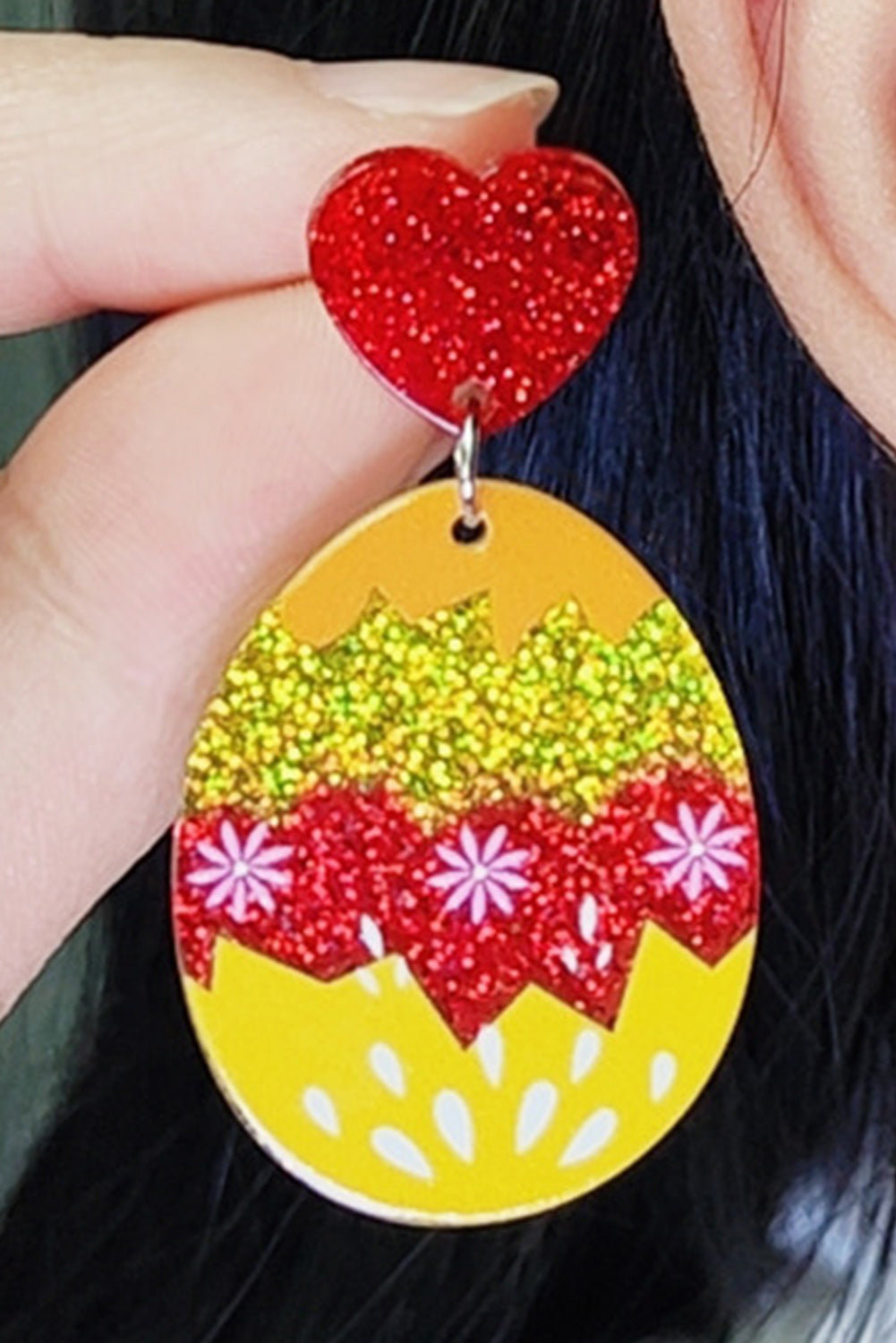 Yellow Cream Glitter Acrylic Easter Egg Heart Studded Earrings Jewelry JT's Designer Fashion