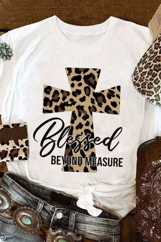 White Blessed Leopard Cross Graphic T Shirt Graphic Tees JT's Designer Fashion