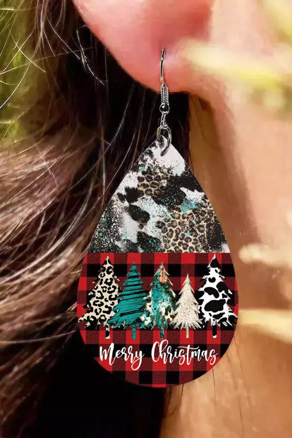 Multicolor Merry Christmas Tree Leopard Plaid Water Drop Earrings Jewelry JT's Designer Fashion