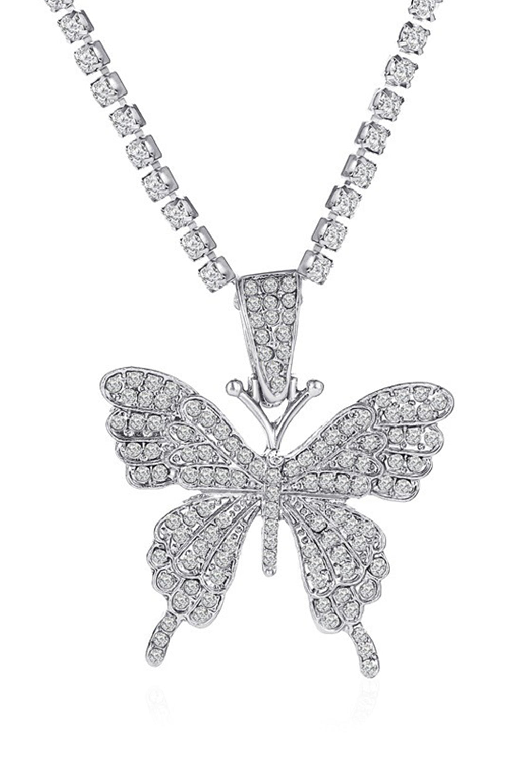 Silvery Butterfly Pendant Rhinestone Necklace Jewelry JT's Designer Fashion