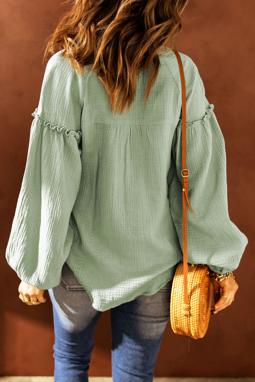 Green Casual Balloon Sleeve Crinkled Top Long Sleeve Tops JT's Designer Fashion