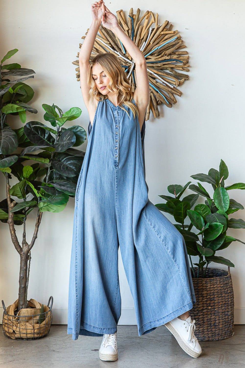 Beau Blue Sleeveless Buttoned Super Loose Leg Denim Jumpsuit Pre Order Bottoms JT's Designer Fashion