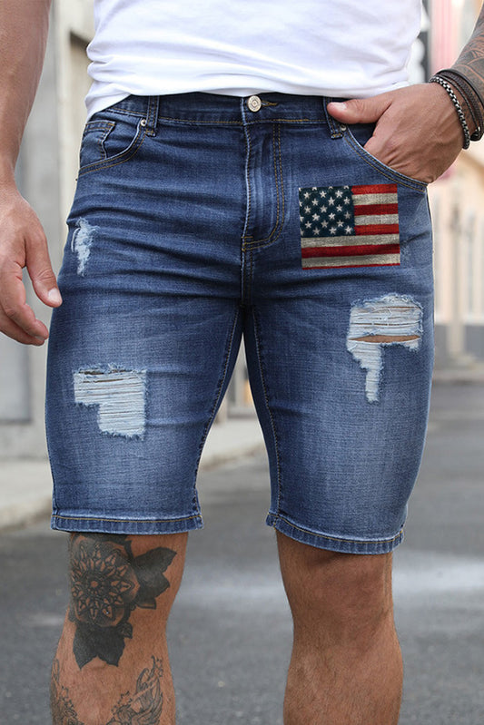 Blue American Flag Print Skinny Fit Distressed Denim Shorts Blue 70%Cotton 29%Polyester 1%Elastane Men's Pants JT's Designer Fashion