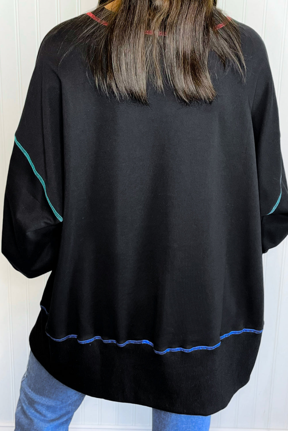 Black Sequin Clover Exposed Seam Split Lantern Sleeve Sweatshirt Graphic Sweatshirts JT's Designer Fashion