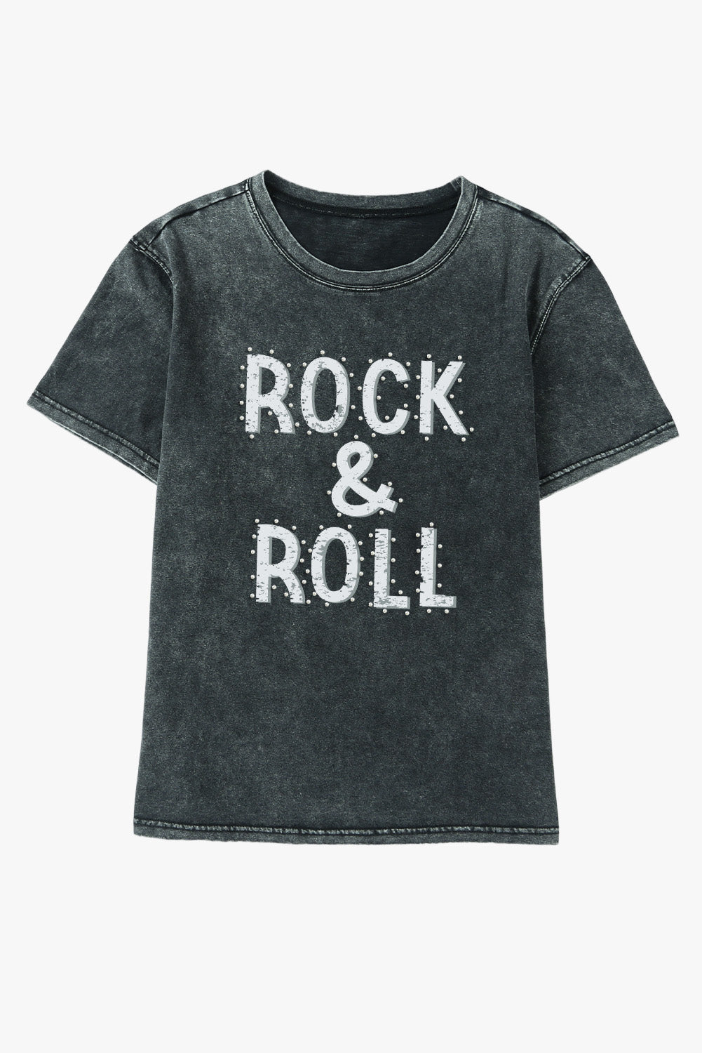 Black ROCK & ROLL Mineral Wash Crewneck T Shirt Graphic Tees JT's Designer Fashion