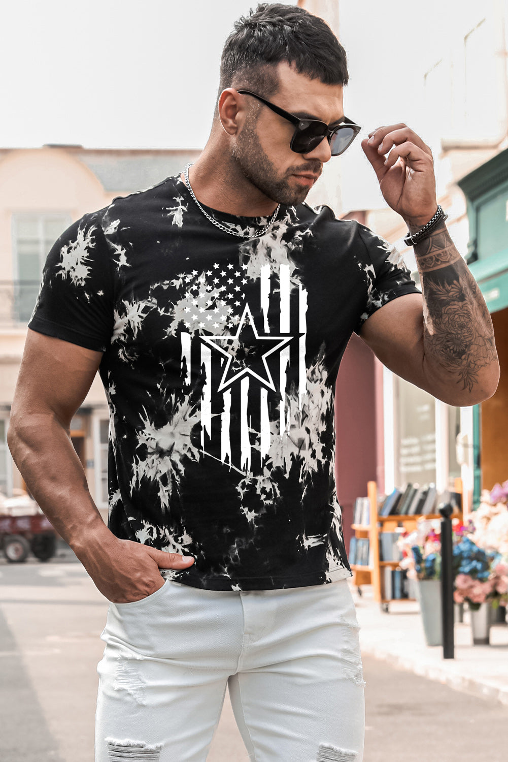 Black American Flag Star Tie Dyed Print Men's Graphic T-shirt Men's Tops JT's Designer Fashion