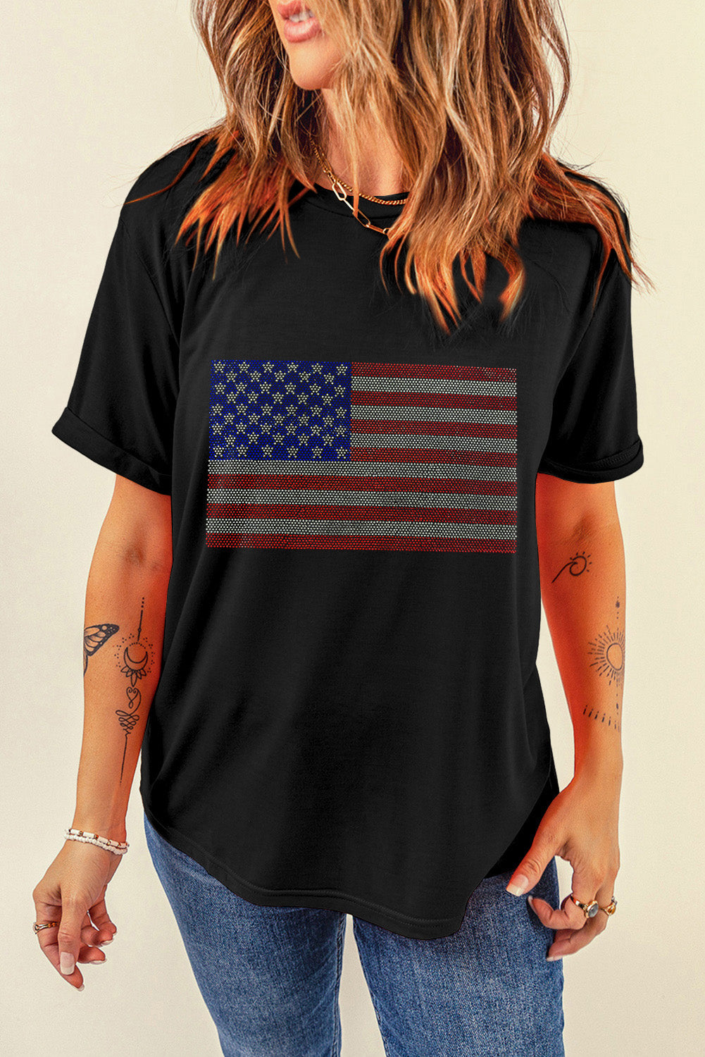 Black Rhinestone American Flag Round Neck Casual Tee Graphic Tees JT's Designer Fashion