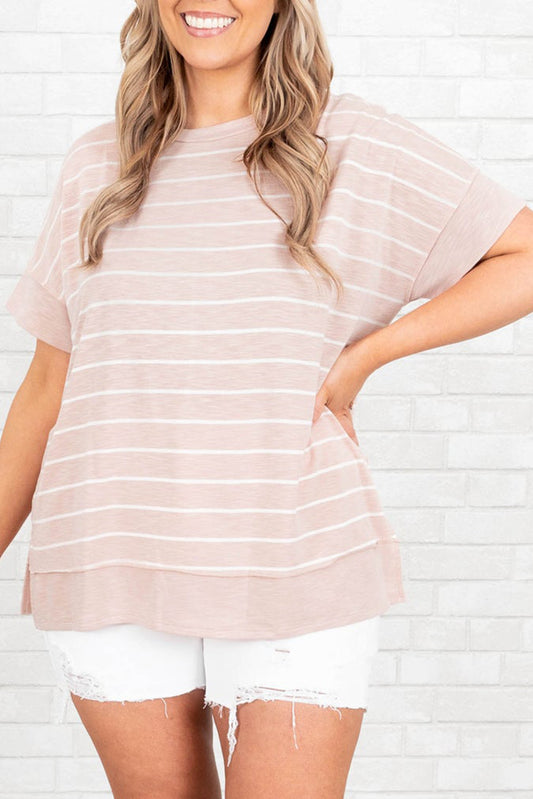 Pink Stripe Side Split Round Neck Plus Size T Shirt