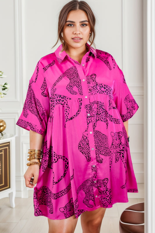 Plus Size Tiger Printed Button Up Half Sleeve Dress Hot Pink Dresses JT's Designer Fashion