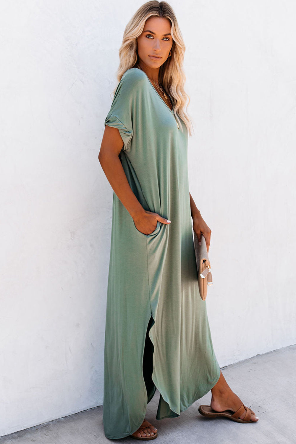 Grass Green V Neck Hidden Pocket Splits Maxi T-shirt Dress Pre Order Dresses JT's Designer Fashion
