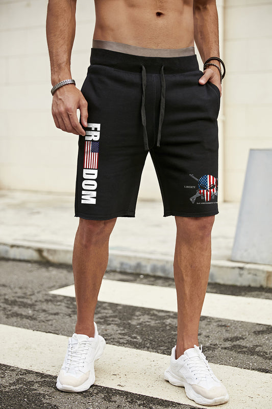 Black Freedom and Punisher Skull Flag Graphic Mens Shorts Black 55%Viscose+45%Polyester Men's Pants JT's Designer Fashion