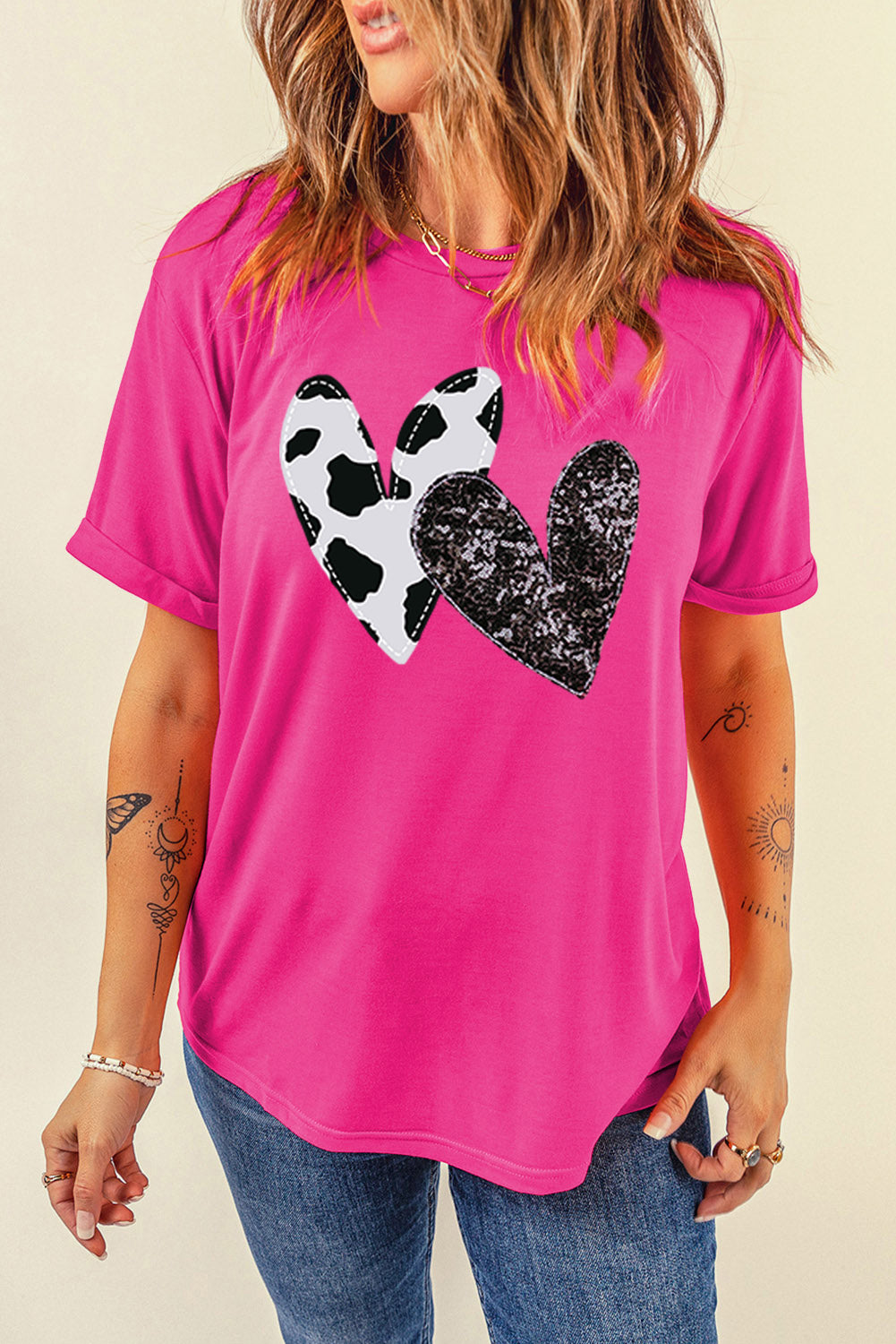 Rose Red Sequined Double Heart Graphic Crewneck T Shirt Graphic Tees JT's Designer Fashion