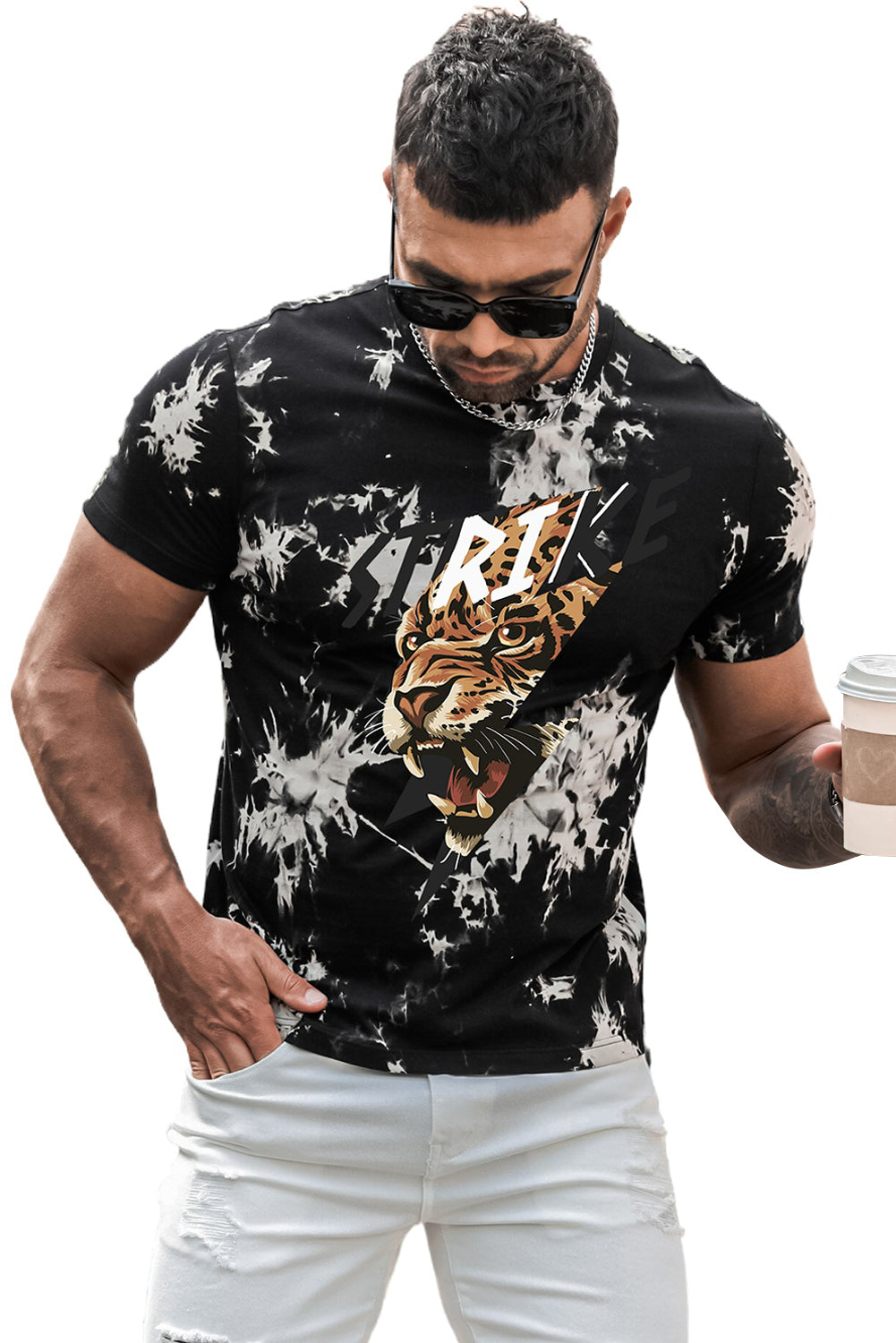 Black STRIKE Tiger Head Tie Dyed Print Men's Graphic Tee Men's Tops JT's Designer Fashion