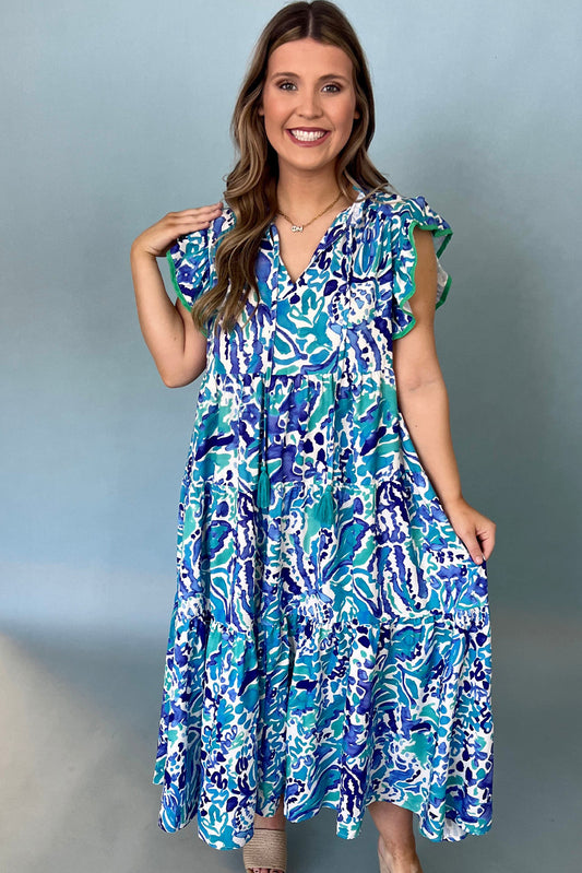 Sky Blue Plus Floral Split Neck Ruffled Sleeve Tiered Long Dress Pre Order Plus Size JT's Designer Fashion