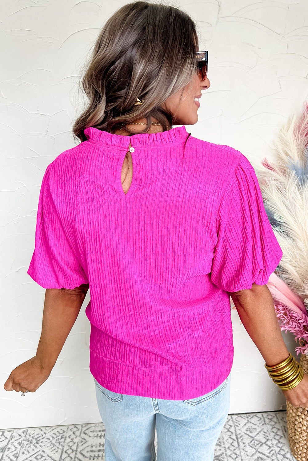 Bright Pink Crinkle Texture Frilly Neckline Puff Sleeve Top Pre Order Tops JT's Designer Fashion