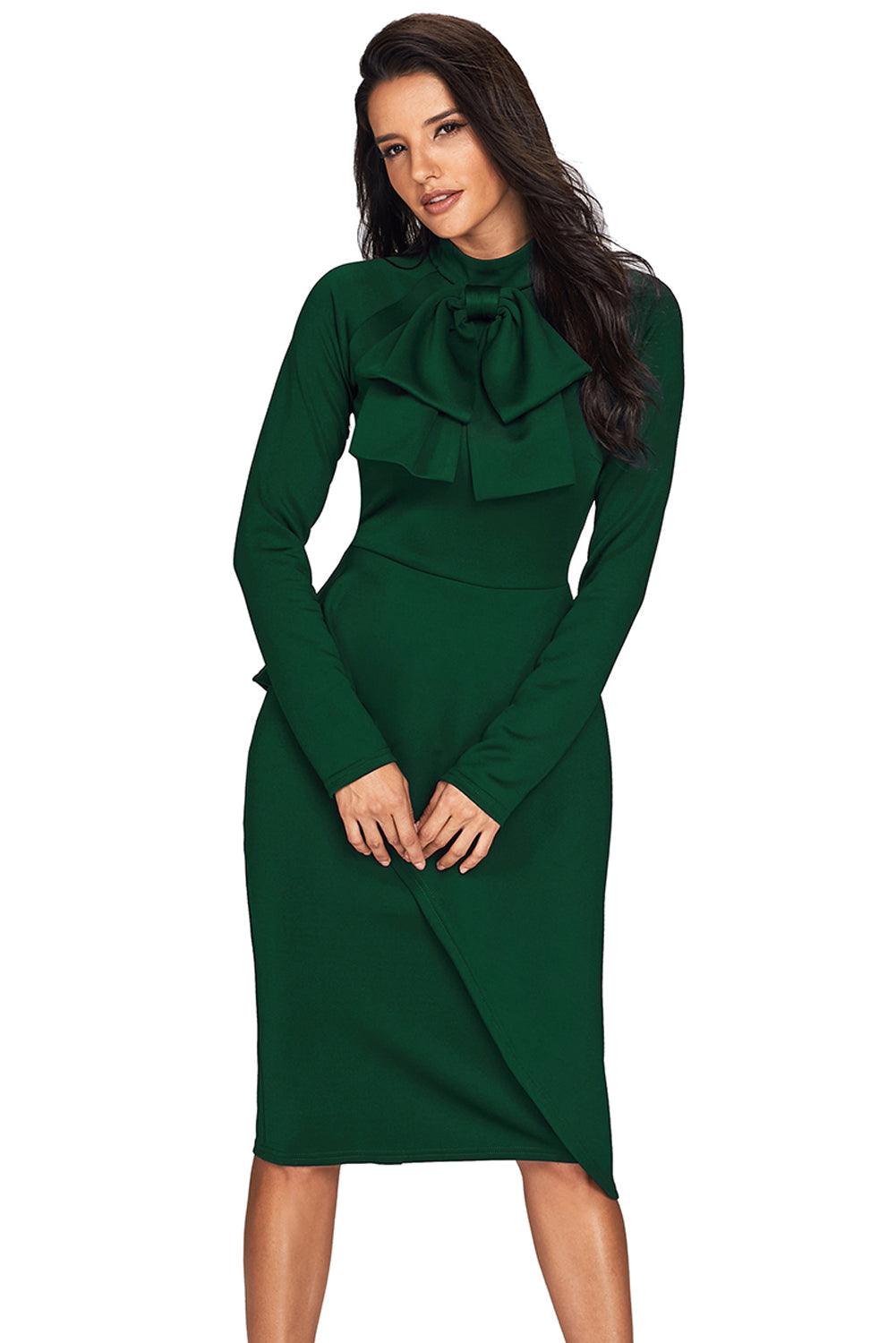 Jade Green Asymmetric Peplum Style Pussy Bow Dress Midi Dresses JT's Designer Fashion