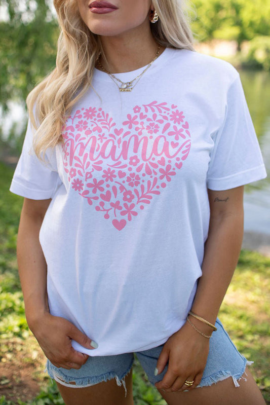 White Floral mama Heart Shape Graphic T Shirt Graphic Tees JT's Designer Fashion
