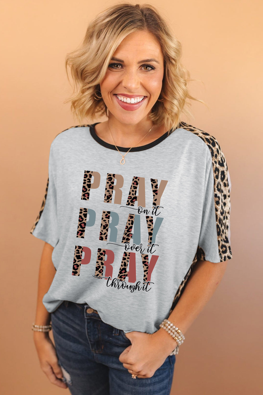 Gray PRAY Slogan Contrast Leopard Dolman Loose T Shirt Graphic Tees JT's Designer Fashion
