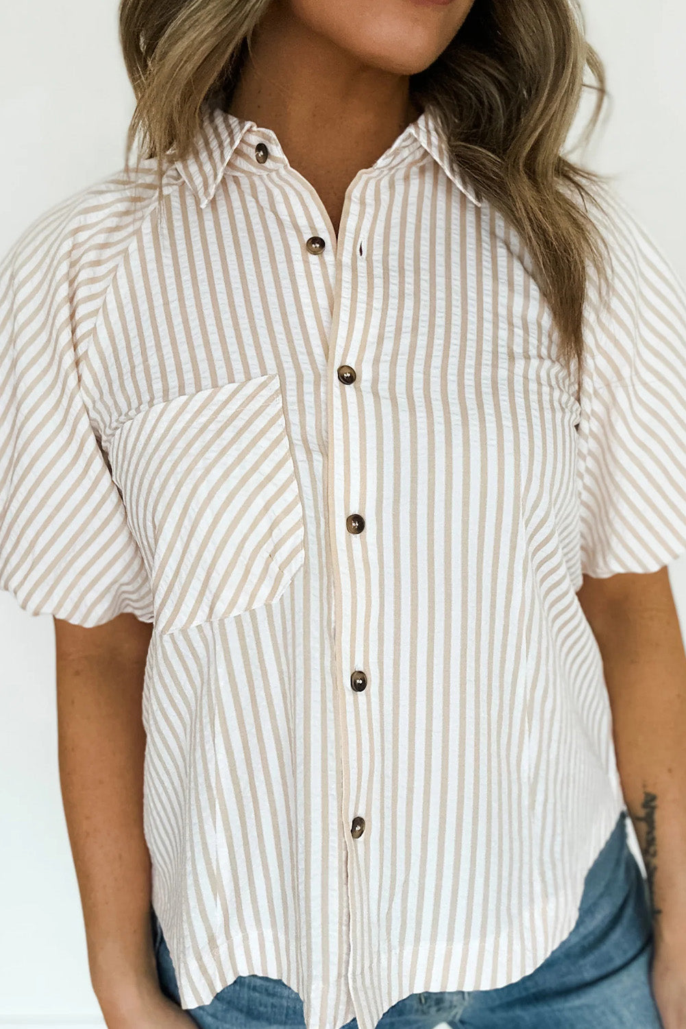 Khaki Stripe Seersucker Patched Pocket Bubble Sleeve Shirt Pre Order Tops JT's Designer Fashion