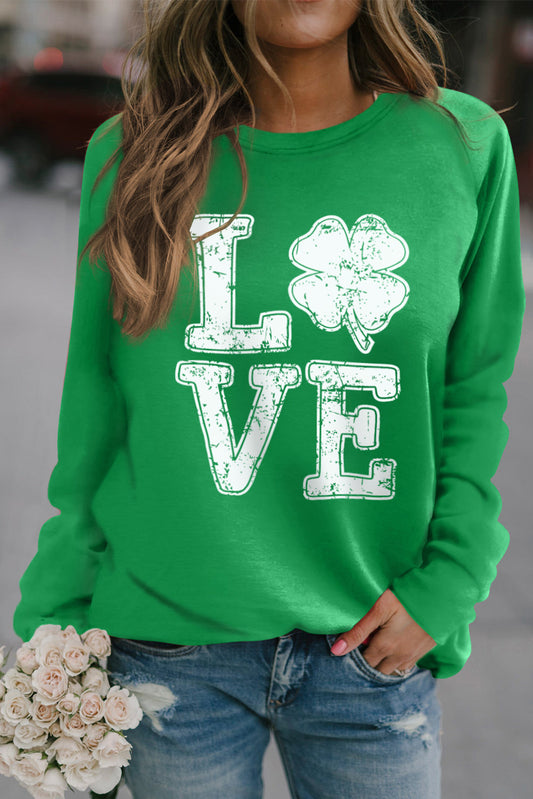 Green LOVE Clover Print Raglan Sleeve Pullover Sweatshirt Green 85%Polyester+10%Cotton+5%Elastane Graphic Sweatshirts JT's Designer Fashion