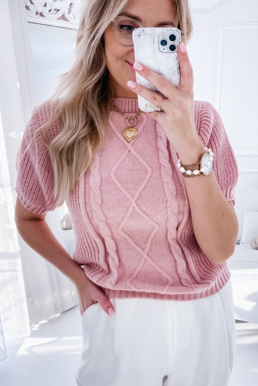 Pink Twist Knit Slim Fit Short Sleeve Sweater Pre Order Sweaters & Cardigans JT's Designer Fashion
