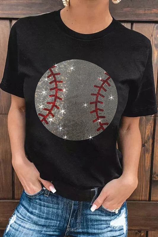 Black Rhinestone Baseball Pattern Round Neck T Shirt Graphic Tees JT's Designer Fashion