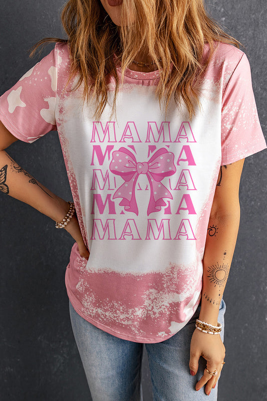 Pink MAMA Bowknot Graphic Bleached Tee Graphic Tees JT's Designer Fashion