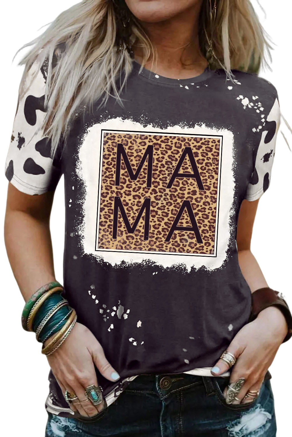 Black Leopard MAMA Graphic Tie Dye Casual Tee Graphic Tees JT's Designer Fashion