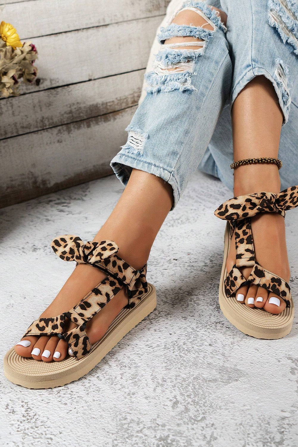 Brown Leopard Pattern Bow Decor Thick Sole Sandals Sandals JT's Designer Fashion