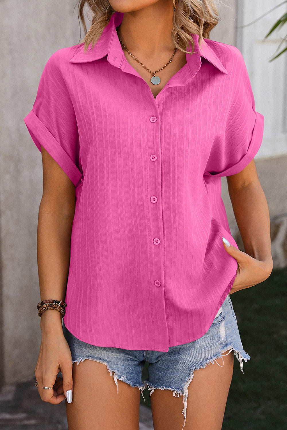 Bright Pink Striped Texture Cuffed Short Sleeve Shirt Blouses & Shirts JT's Designer Fashion