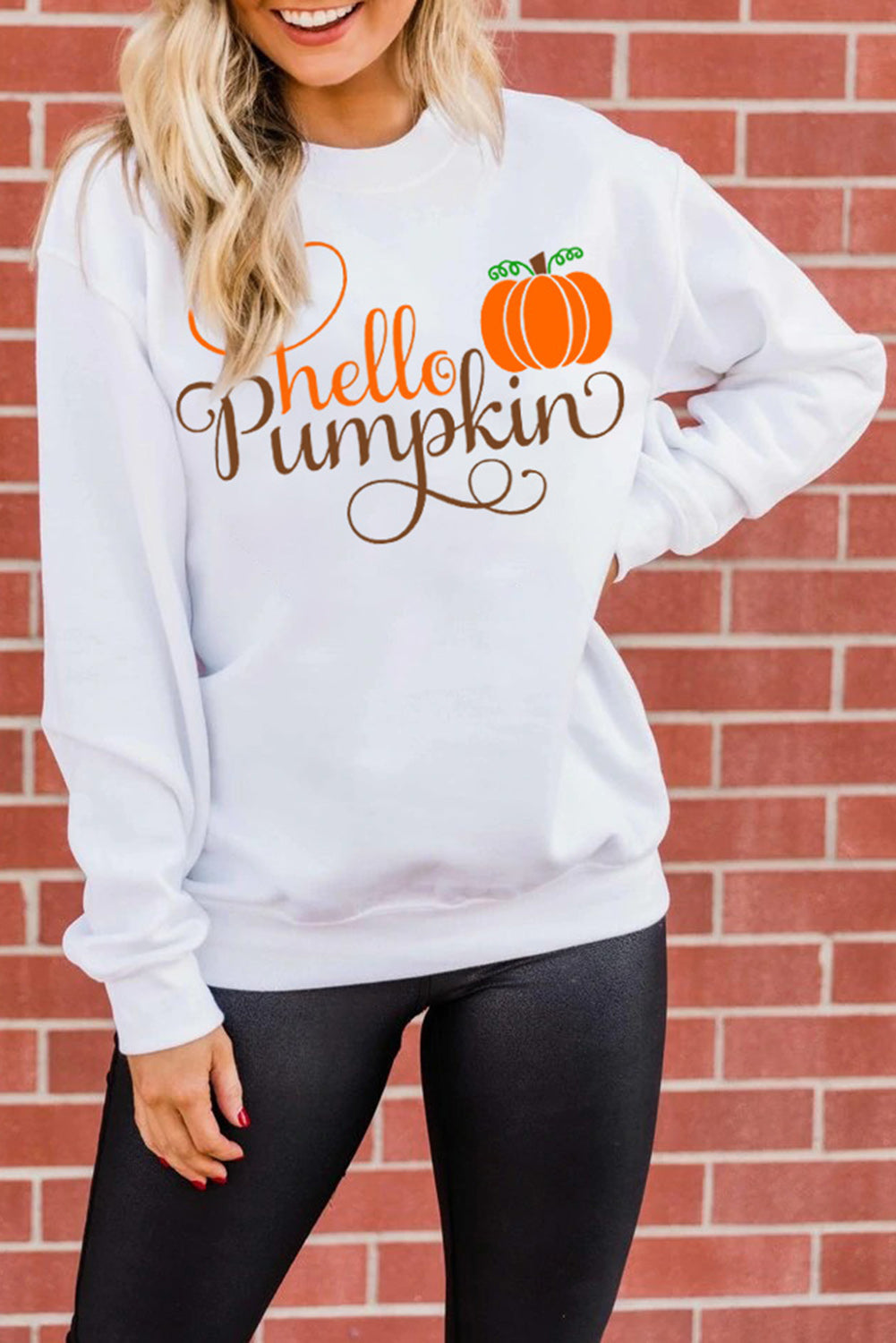 White Hello Pumpkin Cute Graphic Sweatshirt Graphic Sweatshirts JT's Designer Fashion