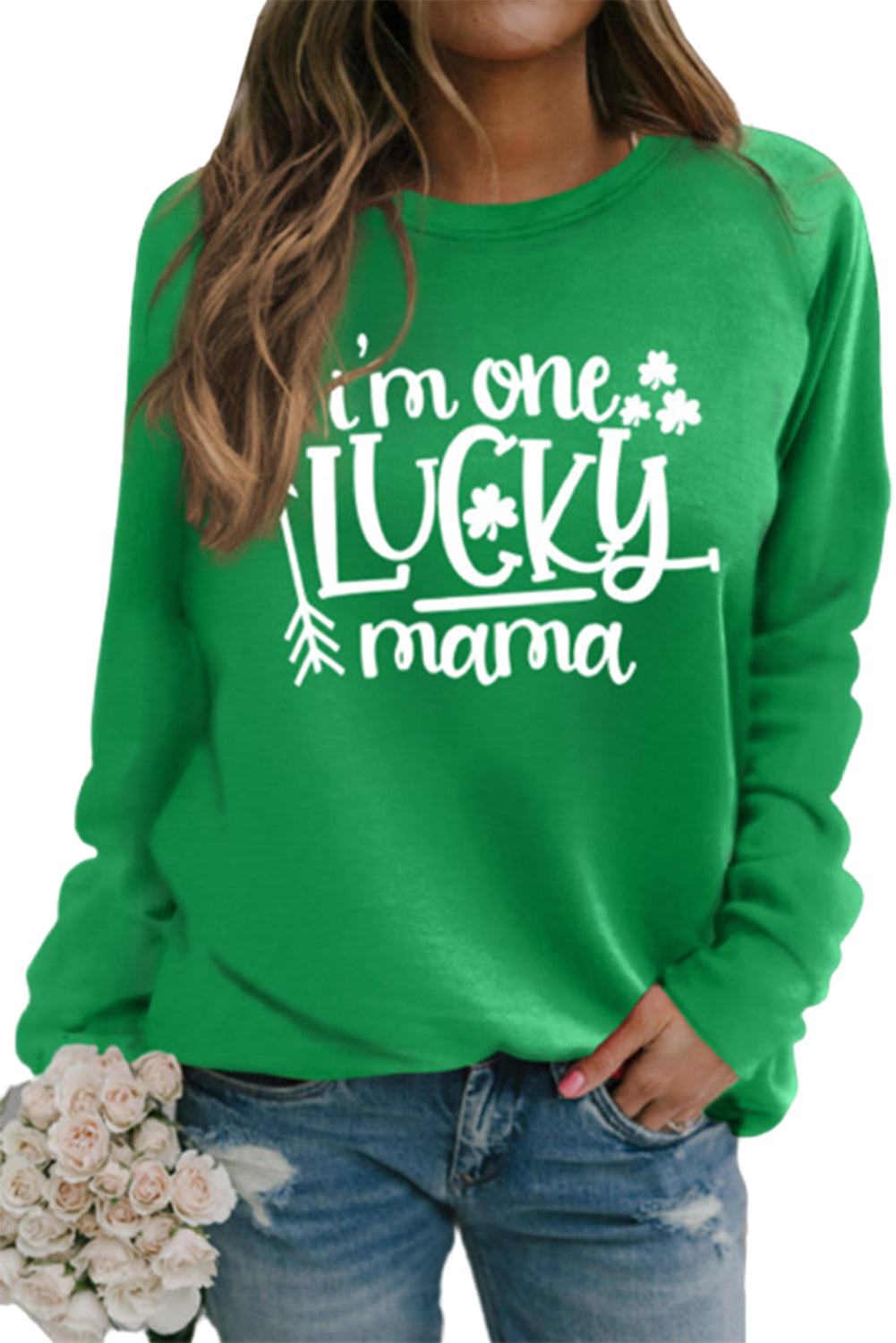 Green St. Patrick's Day Clover Letter Print Long Sleeve Sweatshirt Graphic Sweatshirts JT's Designer Fashion