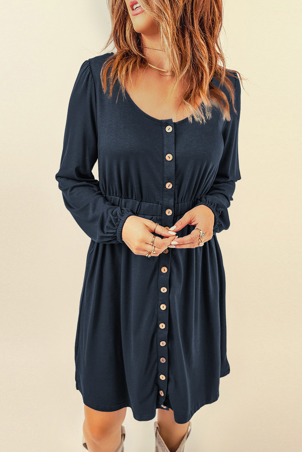 Dark Blue Button Up High Waist Long Sleeve Dress Midi Dresses JT's Designer Fashion