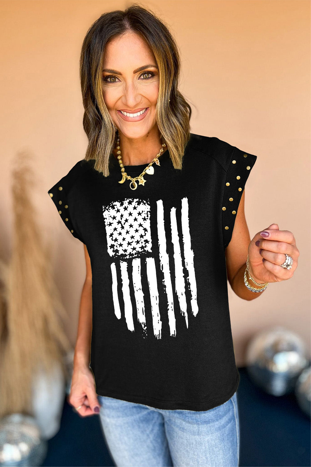 Black American Flag Print Studded Cap Sleeve T Shirt Graphic Tees JT's Designer Fashion