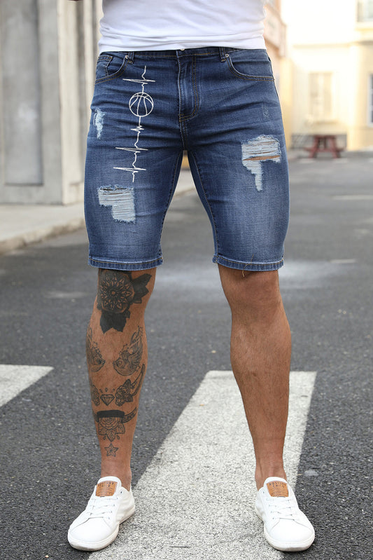 Blue Men's Basketball Printed Skinny Fit Ripped Denim Shorts Blue 70%Cotton 29%Polyester 1%Elastane Men's Pants JT's Designer Fashion