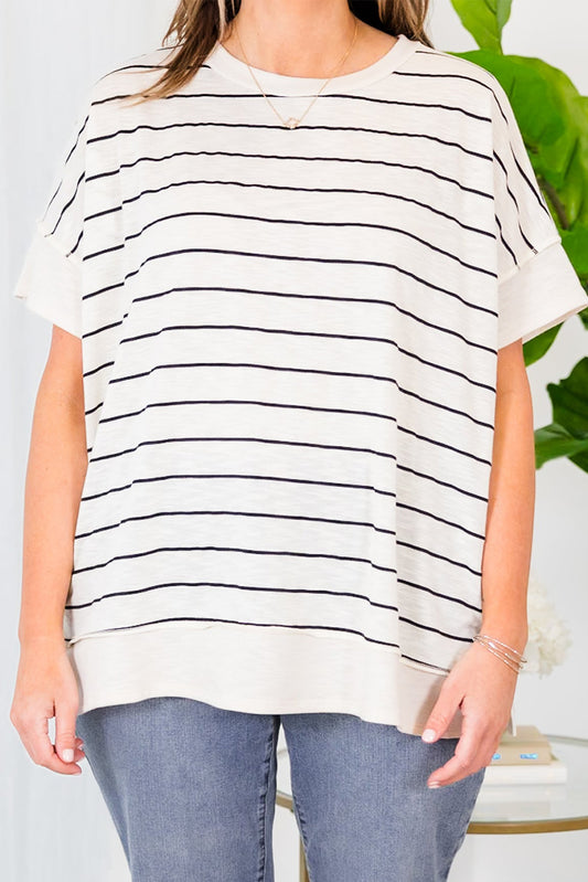 White Stripe Side Split Round Neck Plus Size T Shirt
