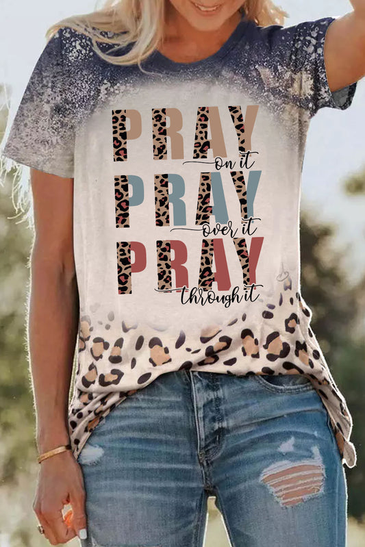 Blue PRAY Western Leopard Slogan Print Bleached T Shirt Blue 95%Polyester+5%Elastane Graphic Tees JT's Designer Fashion