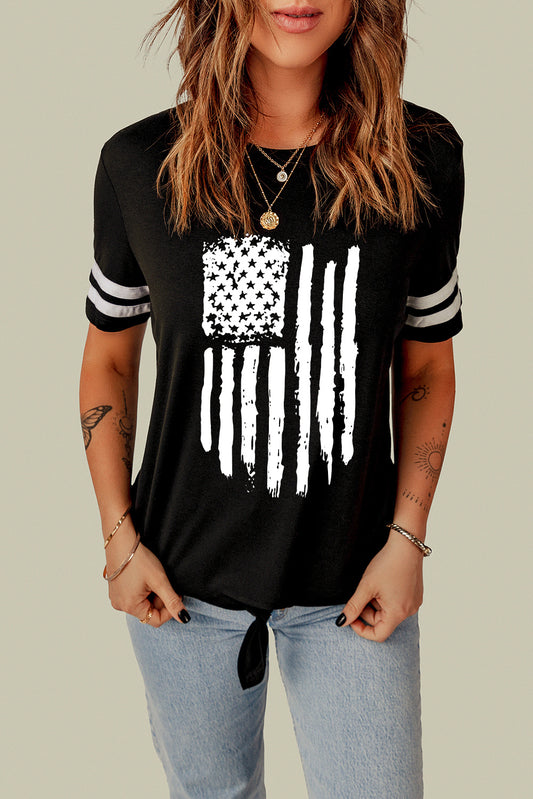 Black American Flag Graphic Varsity Striped Sleeve Knot T Shirt Graphic Tees JT's Designer Fashion