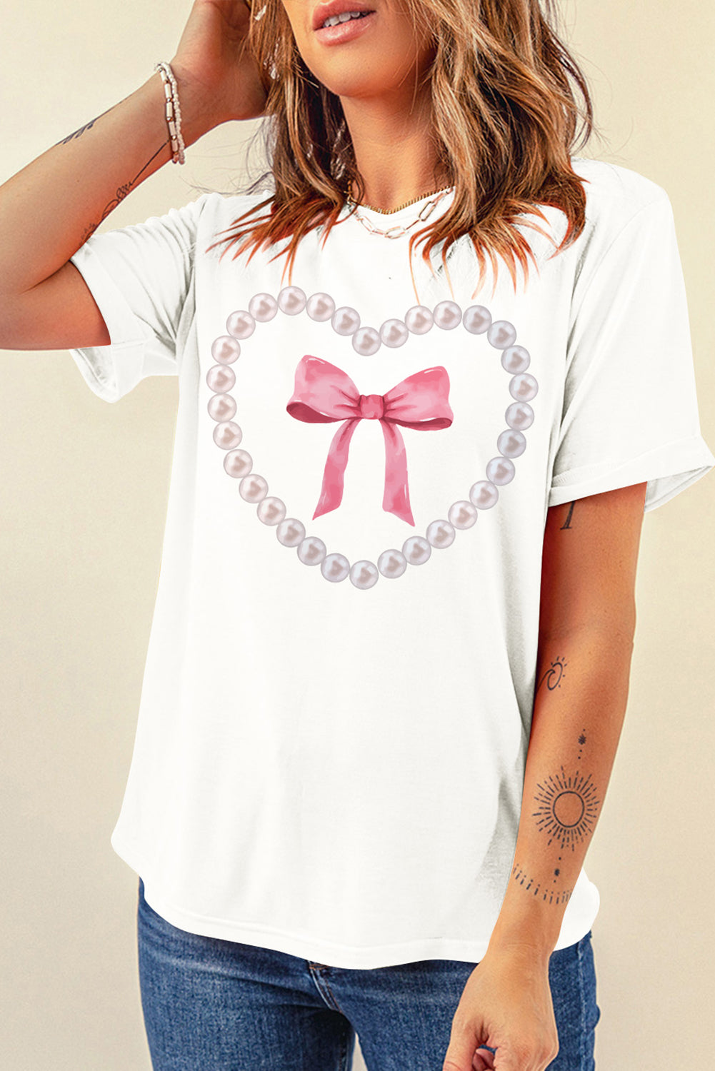 White Pearl Heart Bowknot Graphic T Shirt Graphic Tees JT's Designer Fashion