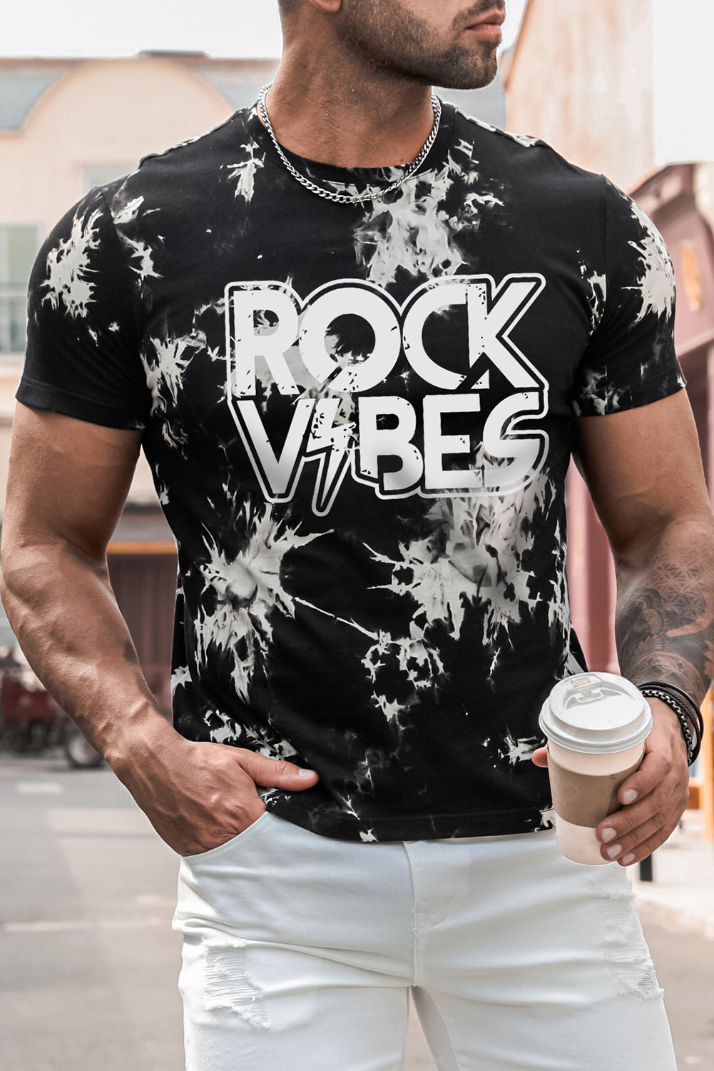 Black ROCK VIBES Tie Dye Print Short Sleeve Men's T Shirt Black 100%Cotton Men's Tops JT's Designer Fashion