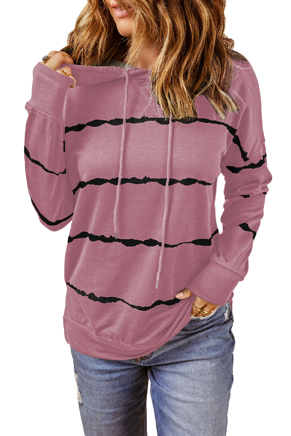 Pink Tie-dye Striped Drawstring Hoodie with Side Split Tops Sweatshirts & Hoodies JT's Designer Fashion