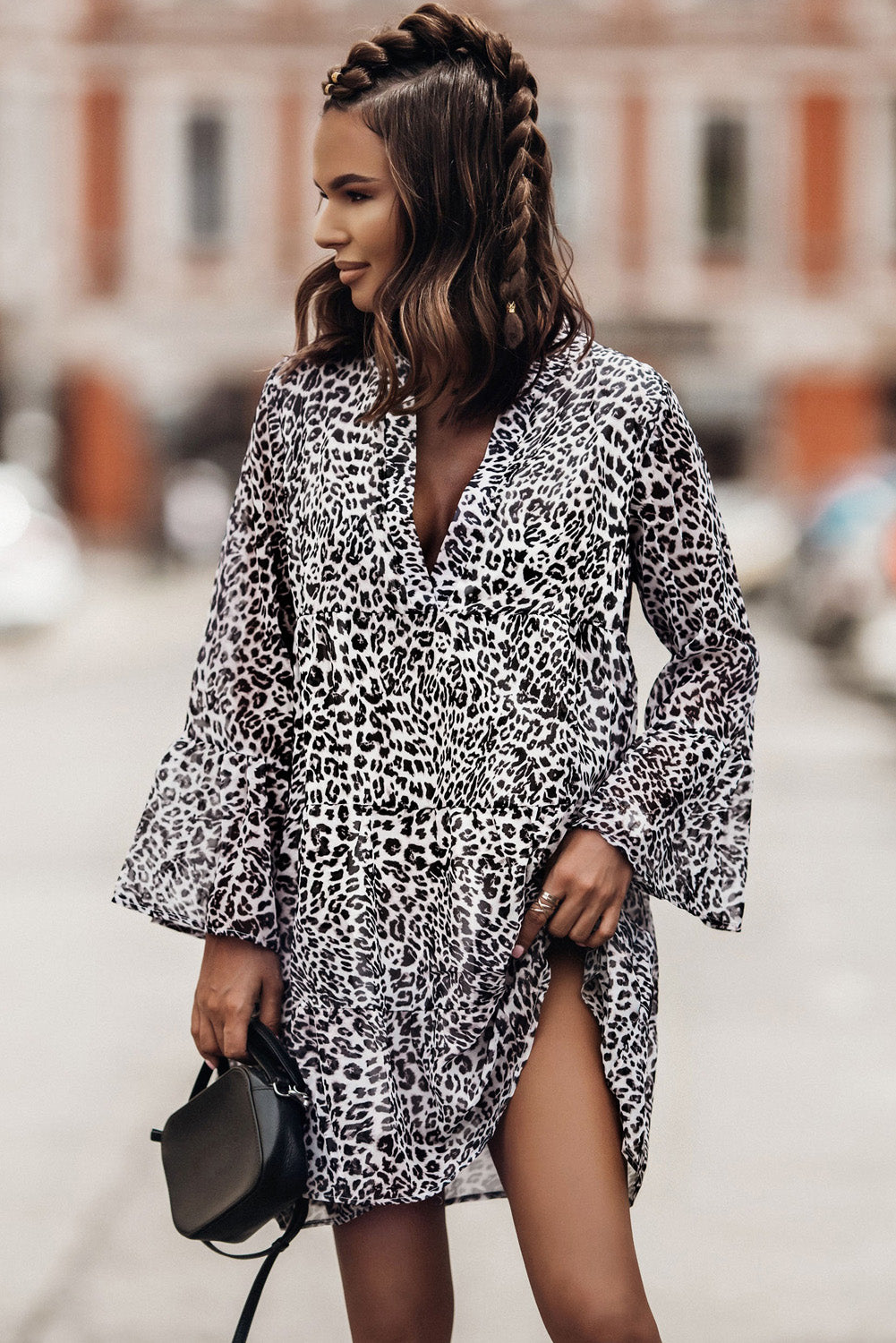 Leopard Print V neck Ruffle Swing Mini Dress Mini Dresses JT's Designer Fashion