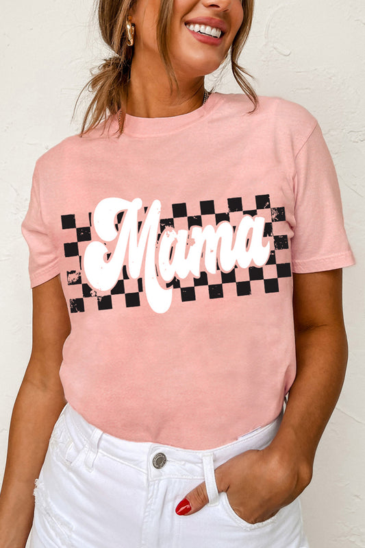 Pink Mama Checkered Print O Neck Casual T Shirt Graphic Tees JT's Designer Fashion