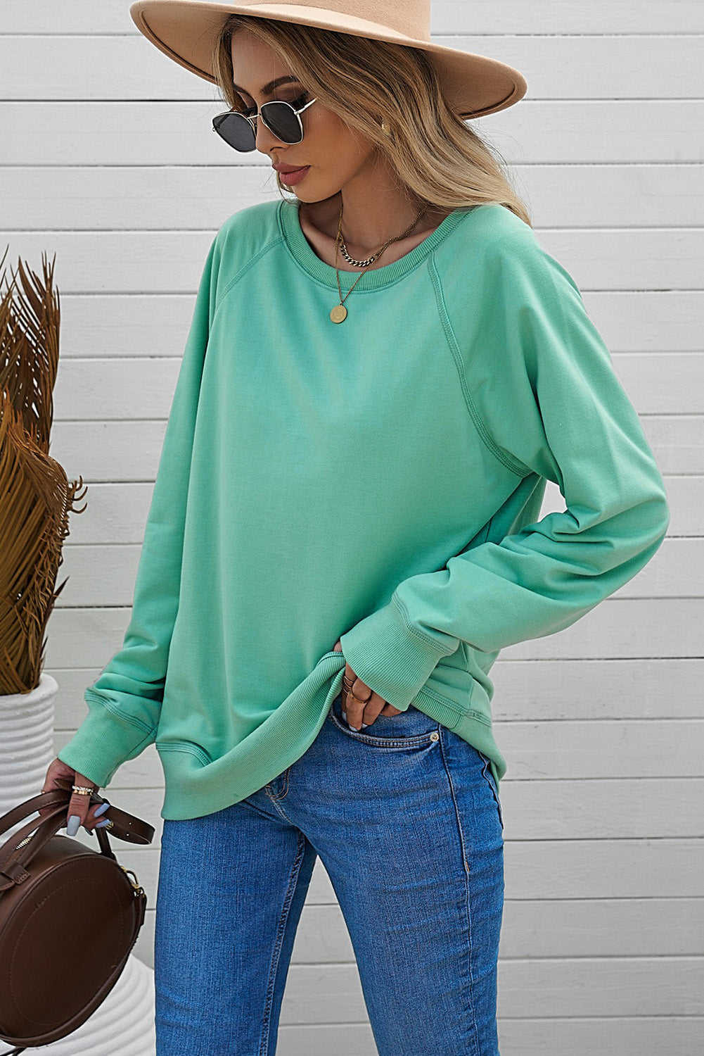 Green French Terry Cotton Blend Pullover Sweatshirt Sweatshirts & Hoodies JT's Designer Fashion