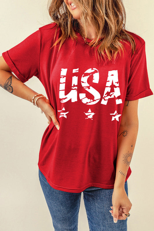 Red USA Letters Graphic Cuffed T Shirt Graphic Tees JT's Designer Fashion